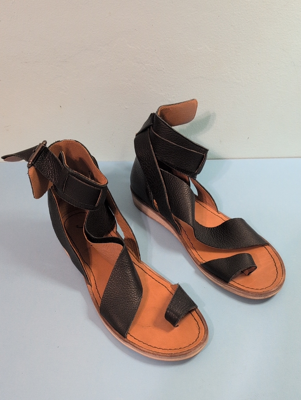 Free People, Black, Leather Ankle-Strap Gladiator Sandals, Size 39, U.S. 9